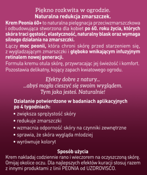 Tekst o kremie Peonia 60+ przeciwzmarszczkowym, odbudowującym dla kobiet po 60. roku życia, na różowym tle.