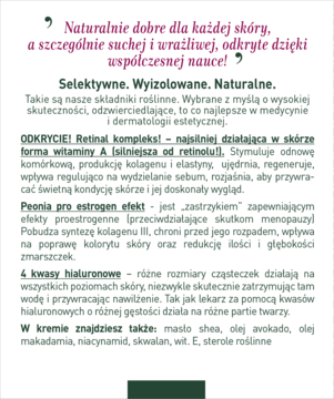 Biała karta informacyjna kremu Bioklinika 50+ z fioletowym cytatem i czarnym tekstem o składnikach.