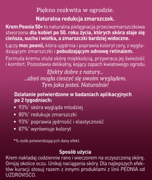 Informacyjna grafika Kremu Peonia 50+, biały tekst na magenta tle o redukcji zmarszczek.