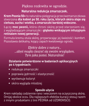 Szczegółowy opis kremu przeciwzmarszczkowego Peonia 50+ z retinalem na fioletowym tle.