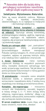 Biały tekst opisujący składniki serum przeciwzmarszczkowego Bioklinika: Retinal, kwasy hialuronowe, aminokwasy.