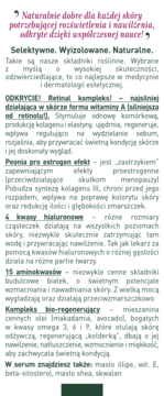 Tekstowy opis składników serum Bioklinika 50-70+, m.in. retinalu, kwasów hialuronowych, aminokwasów.