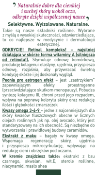 Fragment tekstu o składnikach kremu Bioklinika 50-70+ pod oczy: retinal, peonia, kwasy omega, ekstrakt z maku.