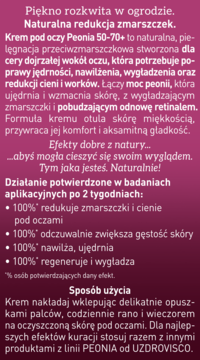 Reklama kremu pod oczy Peonia 50-70+ Uzdrovisco z opisem naturalnej redukcji zmarszczek na fioletowym tle.