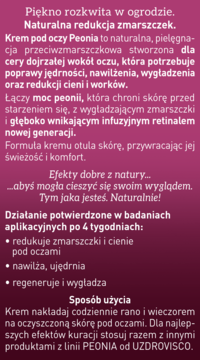 Reklama kremu pod oczy Peonia, różowe tło z tekstem o redukcji zmarszczek i cieni pod oczami.