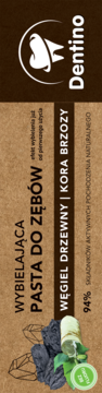 Dentino wybielająca pasta do zębów z węglem drzewnym i korą brzozy w brązowym opakowaniu, widok z przodu.