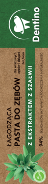 Dentino pasta do zębów łagodząca z szałwią na brązowym opakowaniu, widok z przodu. Zawiera 94% składników naturalnych, bez fluoru.