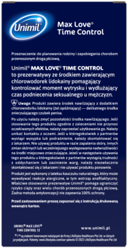Tył ciemnogranatowego opakowania prezerwatyw Unimil Max Love Time Control z białym tekstem i ostrzeżeniami.