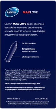 Granatowa grafika Unimil MAXLOVE z niebieską prezerwatywą. Opis działania opóźniającego wytrysk dzięki benzokainie.