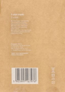 Tył opakowania dwóch męskich t-shirtów. Brązowy karton z tekstem, kodem EAN oraz symbolami prania na dole.