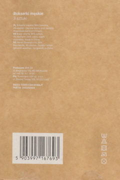 Tył kartonowego opakowania męskich bokserek (3 szt.), z tekstem opisowym, symbolami prania i kodem kreskowym.