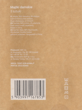 Tył kartonowego opakowania fig damskich M, 3 sztuki. Widoczny skład bawełny z elastanem, kod kreskowy i ikony prania.
