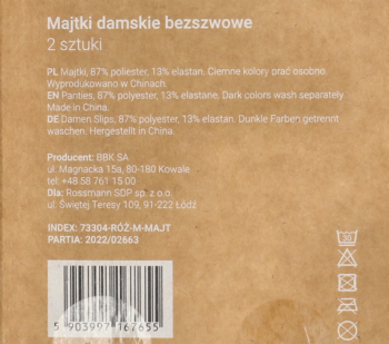 Tył brązowego opakowania bezszwowych majtek damskich rozmiar M (2 szt.), z informacjami o składzie i pielęgnacji.