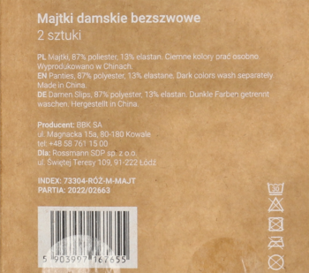 Tył brązowego opakowania bezszwowych majtek damskich (2 szt.) z poliestru i elastanu, widoczny kod kreskowy i info producenta.