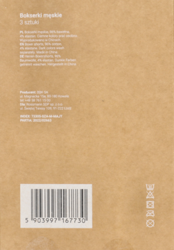 Tył brązowego, tekturowego opakowania bokserów męskich (3 szt.), z kodem kreskowym i symbolami prania.