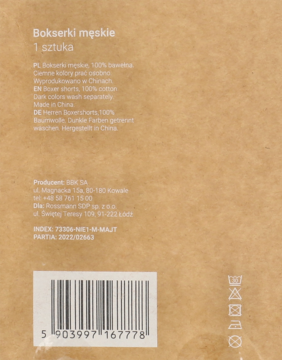 Tył brązowego opakowania bokserek męskich (1 sztuka). Widoczne instrukcje, kod kreskowy i dane producenta.