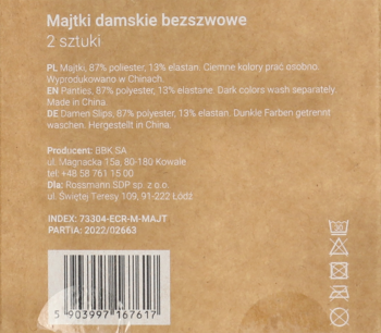 Beżowy tył opakowania bezszwowych majtek damskich (2 sztuki), z tekstem, kodem kreskowym i symbolami prania.