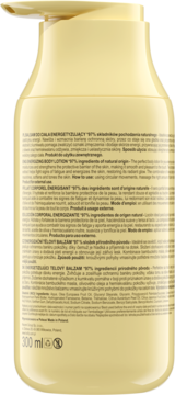 Tył żółtej butelki energetyzującego balsamu Holify z pompką, etykiety z opisem składników, 300 ml.