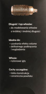 Okrągła szczotka do modelowania włosów 53mm, złoto-brązowy perforowany korpus, nylonowe włosie, widok z przodu.