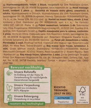 Tył opakowania szczotki do masażu głowy For Your Beauty z brązowego papieru, informacjami o zrównoważonym rozwoju.