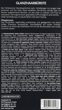 Przód ciemnego opakowania szczotki GLANZHAARBÜRSTE. Szczotka z keratynowym włosiem i turmalinem, nadająca połysk.