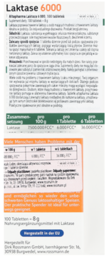 Tył opakowania Laktase 6000, suplementu diety z laktazą, z tabelą składu i informacjami o trawieniu laktozy.
