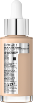 Tył butelki jasnego podkładu Maybelline Super Stay 24H Glow Skin z witaminą C, z widoczną etykietą produktu.