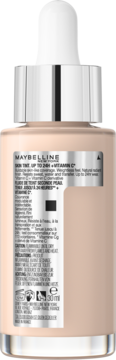 Tył opakowania Maybelline Super Stay 24H Glow Skin Tint z witaminą C w szklanej butelce z dropperem.