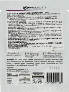 Tył białej saszetki ISANA Hydrożelowe Płatki pod oczy dreamy sky, z polskim tekstem, składem i kodem kreskowym.