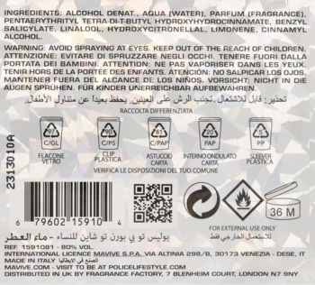 Tył opakowania Police To Be Born To Shine Women Eau de Parfum z etykietą, kodem kreskowym, QR i symbolami.