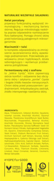 Tył opakowania kremu do twarzy Yope Skin Progress ze składnikami i certyfikatami, na żółtym tle.