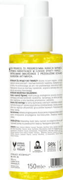 Tył żółtej butelki żelu do mycia twarzy Skin Progress, 150ml, z białą pompką. Widoczne etykiety 'VEGAN', '98% składników naturalnych'.