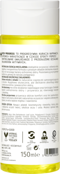 Tył butelki Skin Progress, żółty płyn micelarny 150ml, biała etykieta z polskim opisem i certyfikatami.