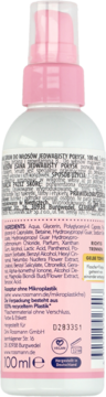 Tył białej butelki ISANA Serum do Włosów Jedwabisty Połysk 100ml, różowa pompka, lista składników.