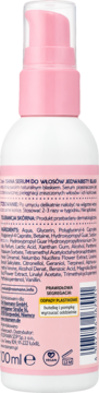 Tył białej butelki Isana Serum do Włosów Jedwabisty Połysk z różową pompką, widoczne składniki, 100ml.