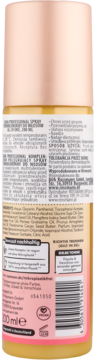 Tył żółtej butelki Isana Professional Spray Termoochronny 200ml. Różowa etykieta z listą składników, kodem kreskowym i logo Vegan.