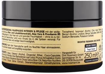 Tył czarnego opakowania maski ISANA PROFESSIONAL 250 ml, ze złotą etykietą, listą składników i opisem do włosów suchych.