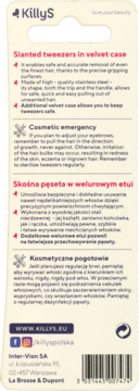 Tył opakowania skośnej pęsety KillyS w welurowym etui, z instrukcją użycia i danymi producenta.
