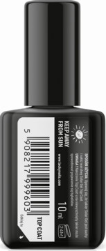 Tył czarnego top coatu Lacky Nails Solar Gel w butelce 10ml, z kodem kreskowym, ikoną słońca i ostrzeżeniem.