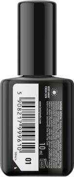 Tylna strona czarnej butelki lakieru Lacky Nails Solar Gel 01 Snow White, z etykietą 10ml i kodem.