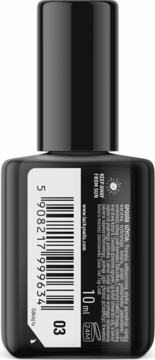 Tył czarnej butelki lakieru Lacky Nails Solar Gel 03, z kodem kreskowym, 10ml i napisem Keep Away From Sun.