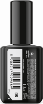 Tył czarnej butelki lakieru Lacky Nails Solar Gel, widoczny kod kreskowy, oznaczenie 08 i pojemność 10ml.