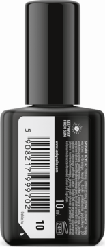 Tył czarnego lakieru Lacky Nails Solar Gel nr 10, widoczny kod kreskowy, 10ml i ostrzeżenie o słońcu.