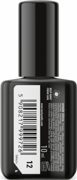 Tył czarnej butelki czerwonego lakieru Lacky Nails Solar Gel nr 12 Queen Red z kodem kreskowym i etykietą.