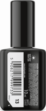 Tył czarnej butelki lakieru do paznokci Lacky Nails Solar Gel nr 13 z etykietą 10ml, kodem kreskowym i ostrzeżeniami.