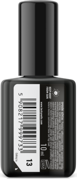 Tył czarnego lakieru Lacky Nails Solar Gel nr 13 (10 ml) z białą etykietą, kodem kreskowym i ostrzeżeniem przed słońcem.
