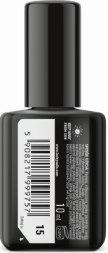 Tylna strona czarnego lakieru do paznokci Lacky Nails Solar Gel nr 15, z kodem kreskowym i etykietą.