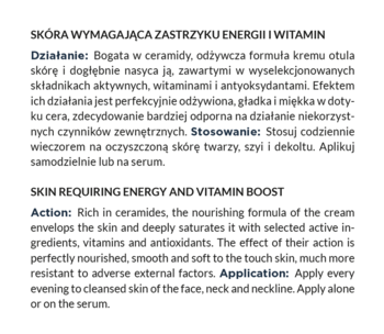 Fragment opisu kremu Clochee Simply Nature Anti Age, szczegóły działania i aplikacji w polskim i angielskim.