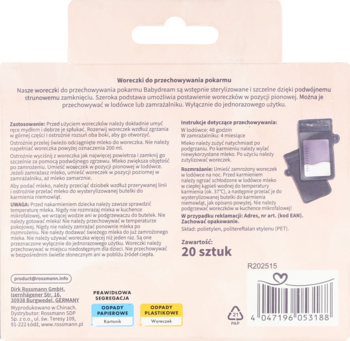 Tył beżowego opakowania Babydream: 20 sterylizowanych woreczków do pokarmu, z opisem i ilustracją torebek.