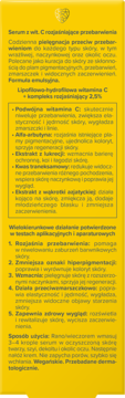 Żółte serum z witaminą C przeciw przebarwieniom, emulsyjna formuła, widok prostokątnego opakowania z polskim tekstem.